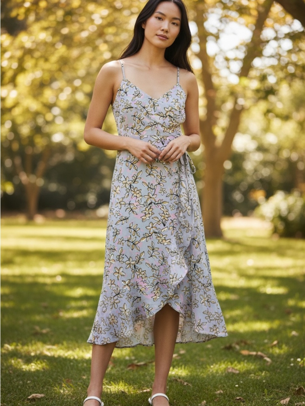 Banana Republic Factory Light Blue Floral Midi Dress with Pink & Yellow Accents